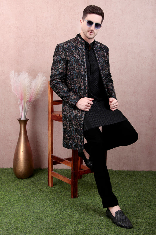Front view - Men’s Sherwani – Georgette in Black with Silk Thread Paisley Embroidery