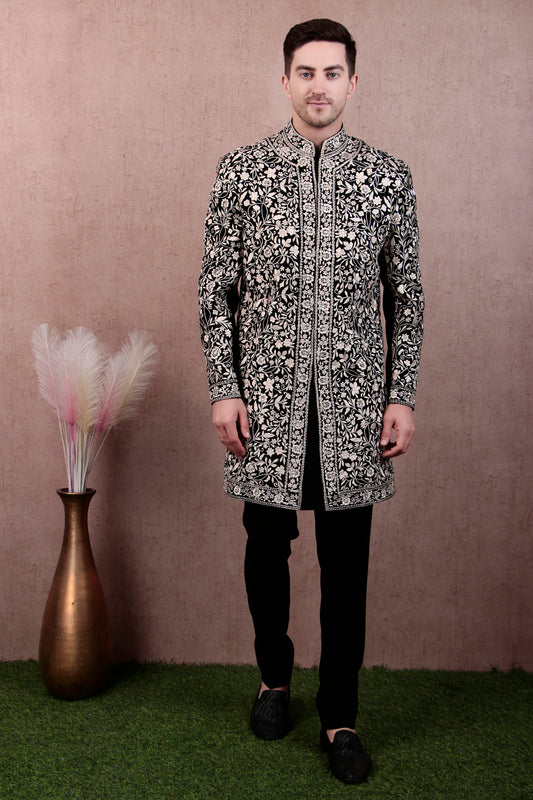 Front view - Men’s Sherwani – Japanese Lycra in Black with Silk Thread Floral Embroidery