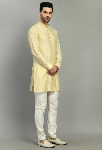 Men’s Kurta Set – Modal Satin in Cream with Embroidery Border Stoll | One Man Show