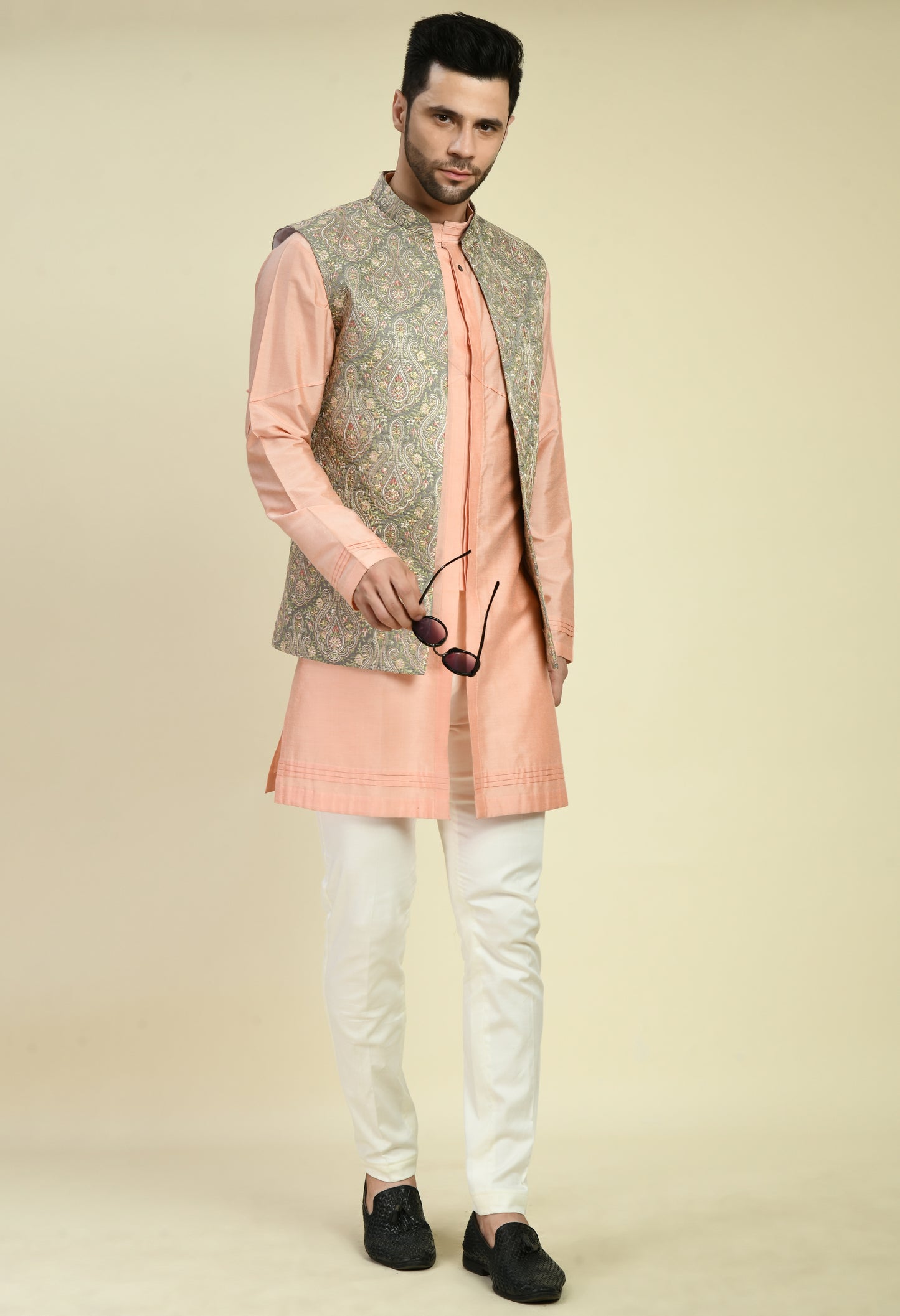 Back view - Men’s Kurta Set – Cotton Silk in Peach with Pintucks Abstract Design