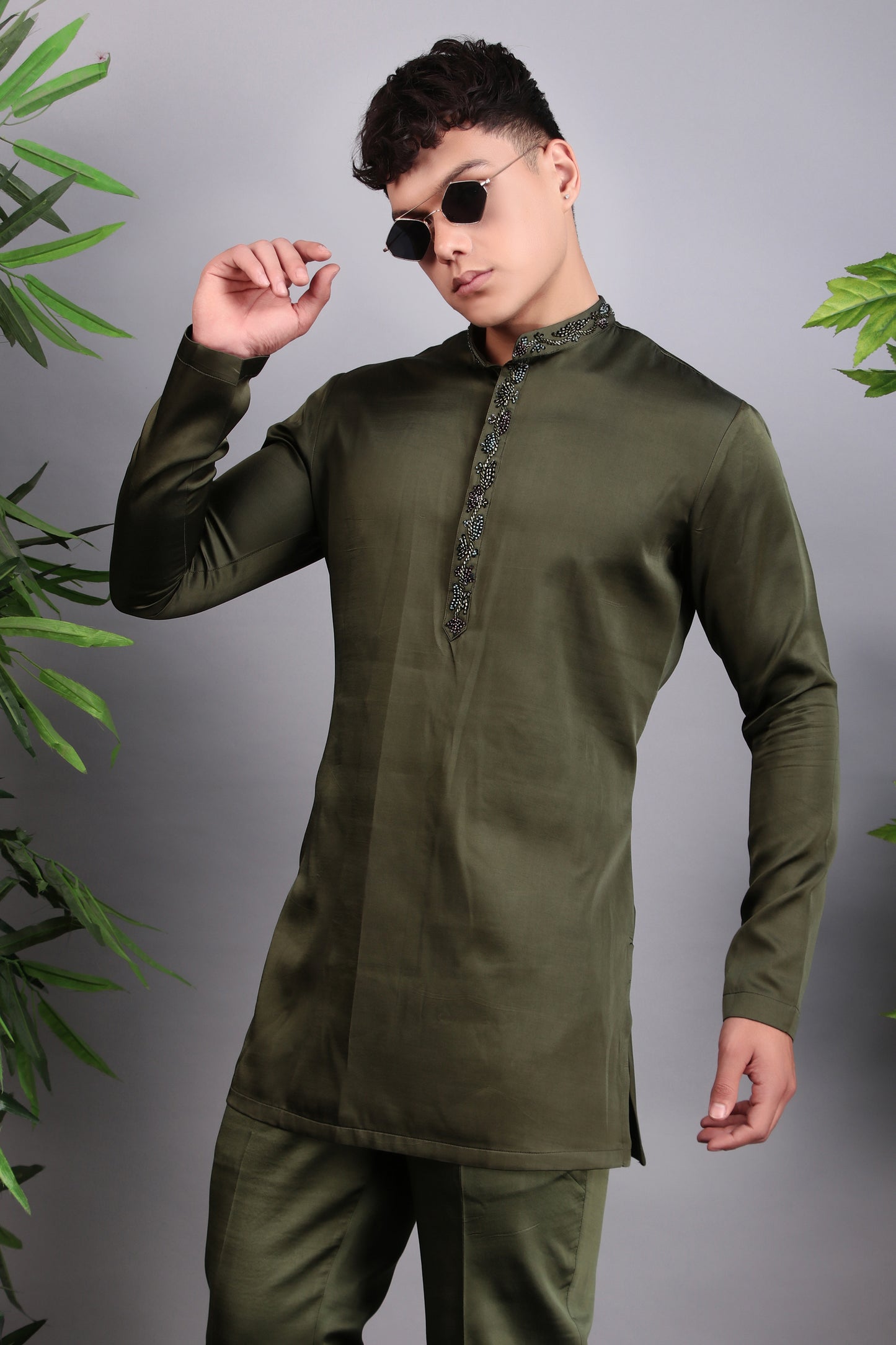 Detail view 2 - Men’s Indo-Western – Velvet Embroidered Fabric in Green with Multi Colored Floral Embroidery