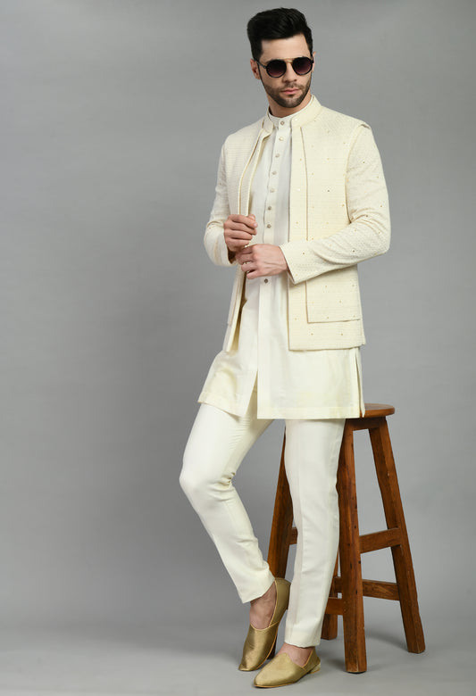 Front view - Men’s Nehru Jacket – Silk Georgette in Cream with Thread and Sequins Embroidery