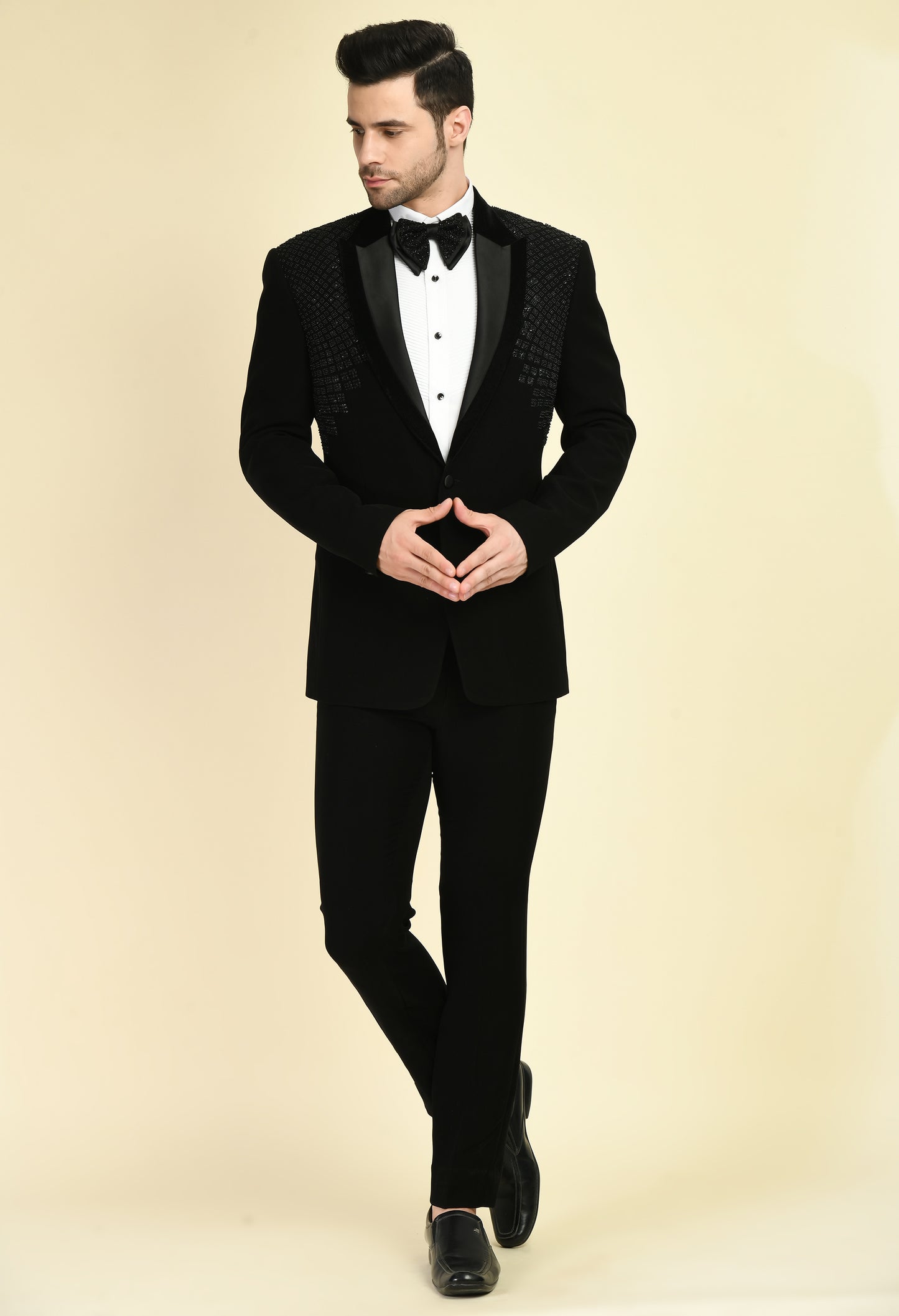 Side view - Men’s Tuxedo – Japanese Lycra in Black with Geometric Beads, Stone and Sequins Embroidery