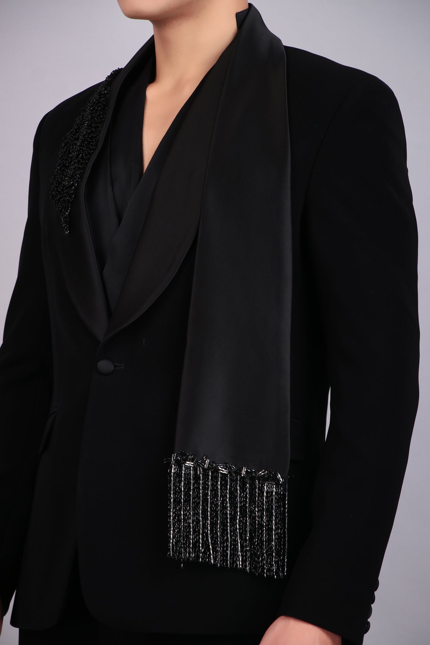 Back view - Men’s Tuxedo – Japanese Lycra in Black with Modern Cut & Designer Cowl Shirt