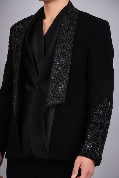 Men’s Tuxedo – Japanese Lycra in Black with Layered Lapel & Beaded Embroidery | One Man Show