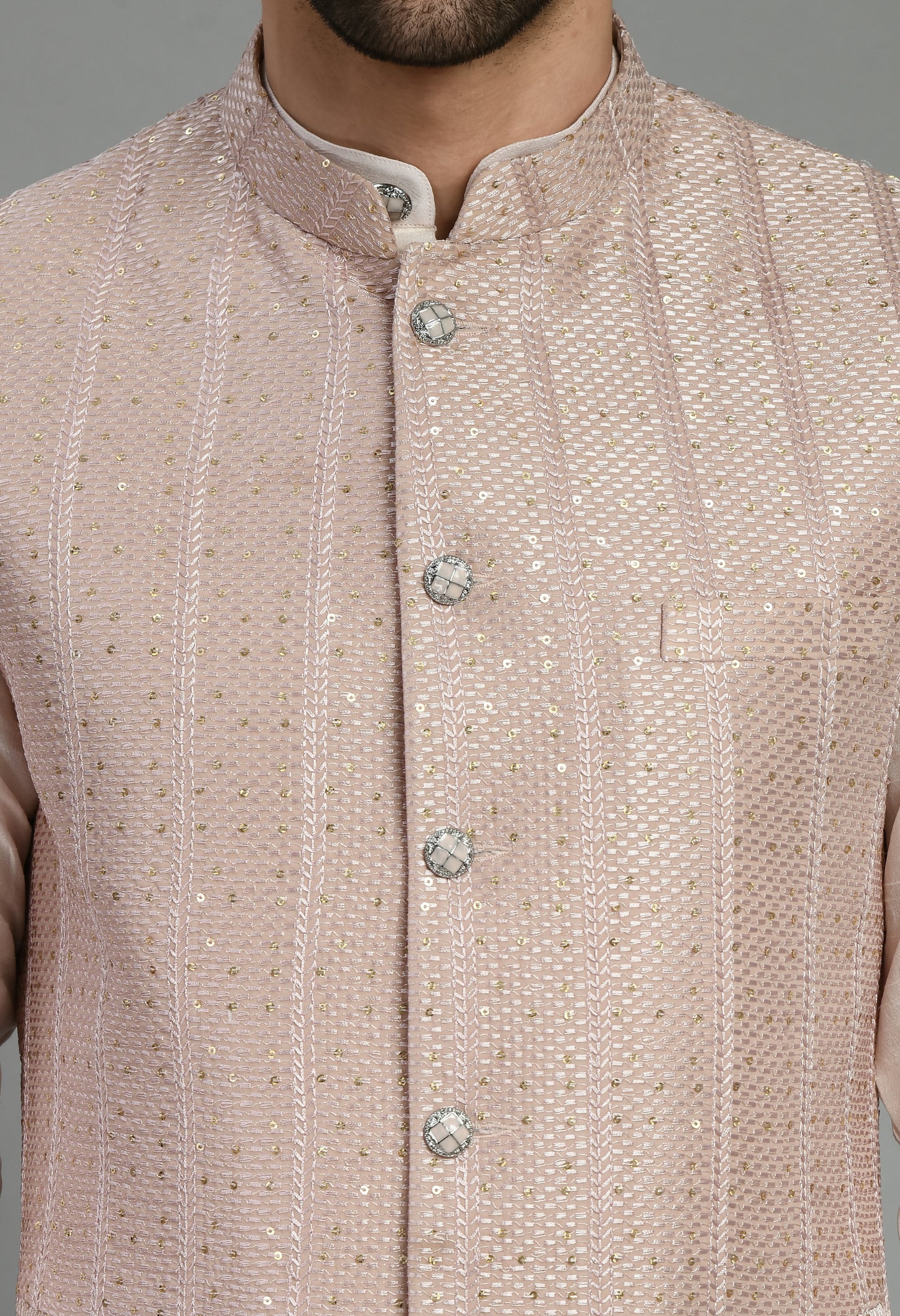 Detail view 1 - Men’s Nehru Jacket – Silk Georgette in Pink with Thread and Sequins Embroidery