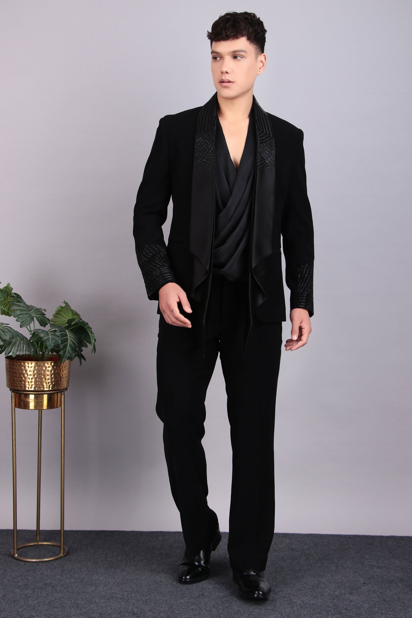 Front view - Men’s Tuxedo – Japanese Lycra in Black with Layered Lapel Style