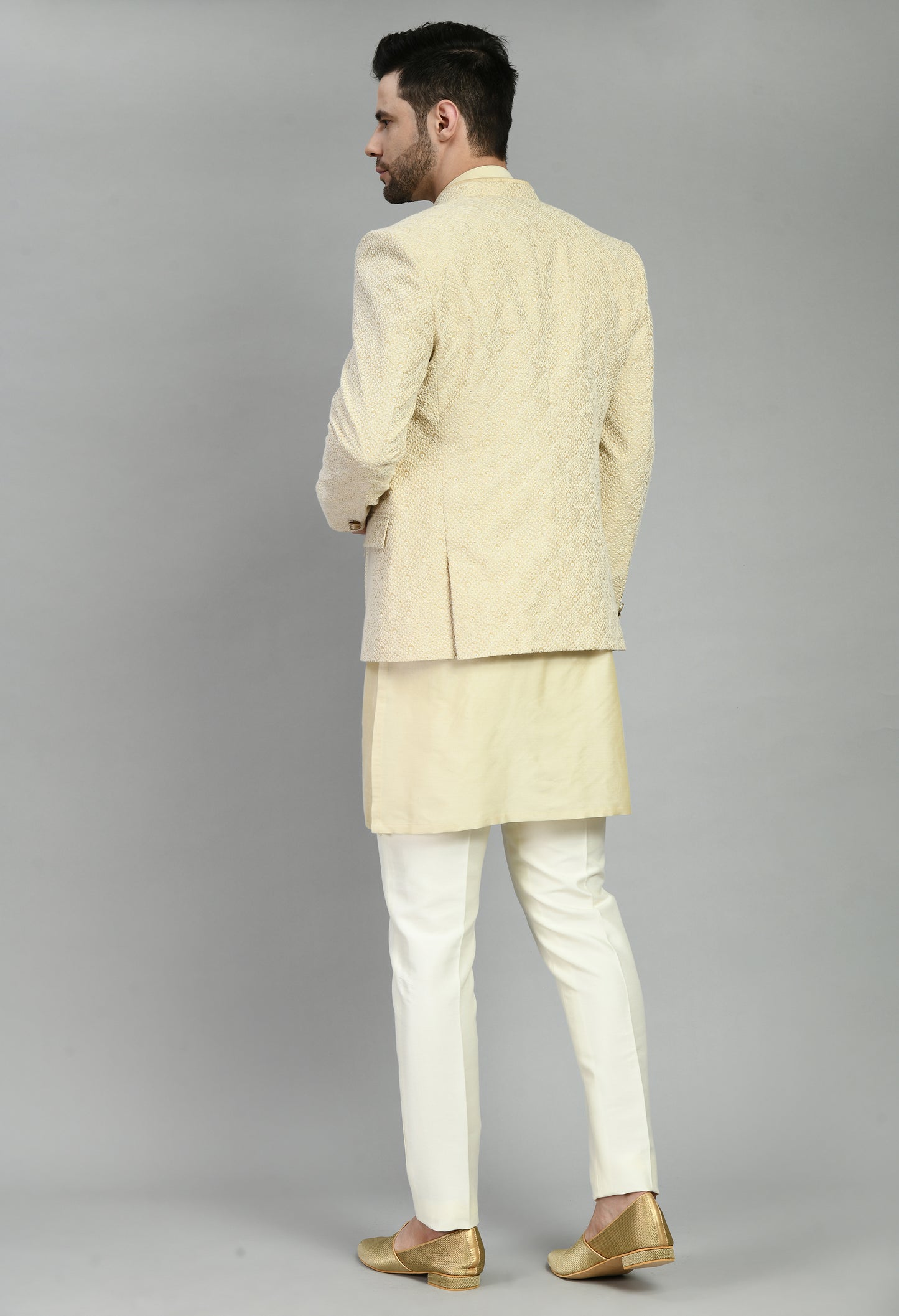 Back view - Men’s Indo-Western – Silk Kurta in Cream with Silk Thread Embroidery