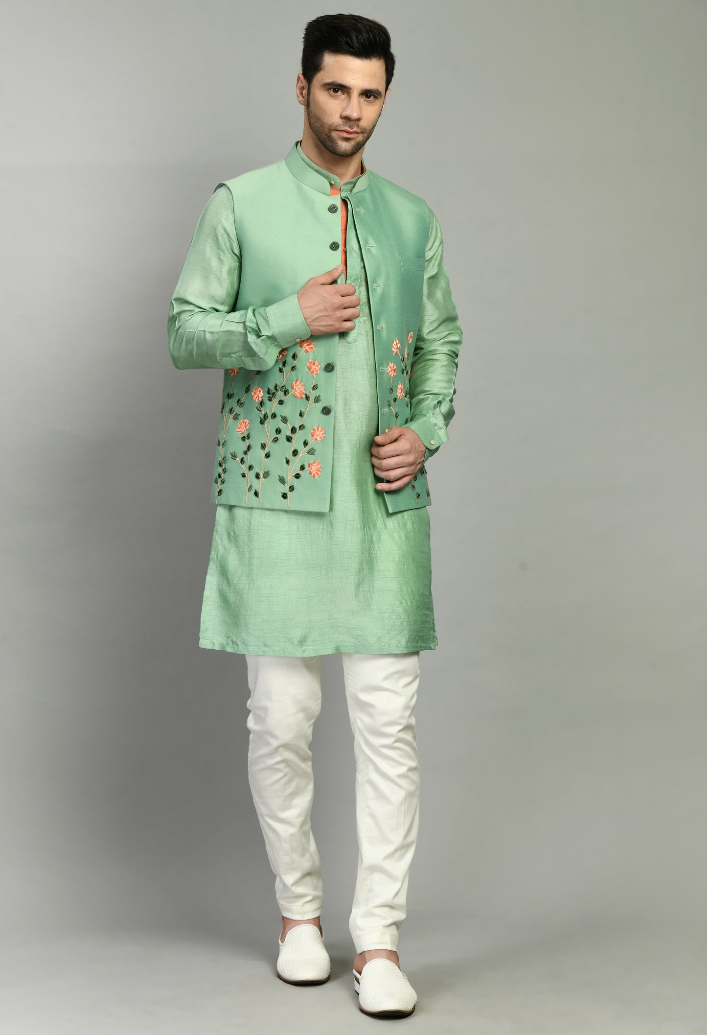 Side view - Men’s Nehru Jacket – Cotton Silk in Green with Silk Thread Embroidery