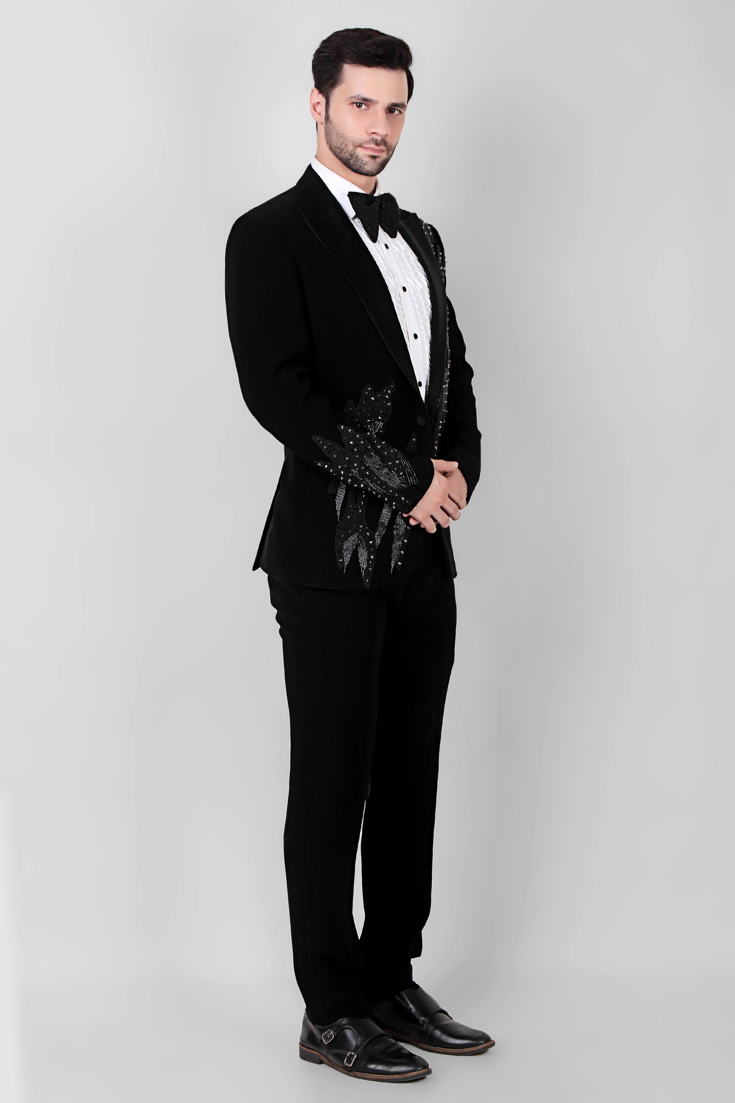 Back view - Men’s Tuxedo – Japanese Lycra in Black with Abstract Embroidery