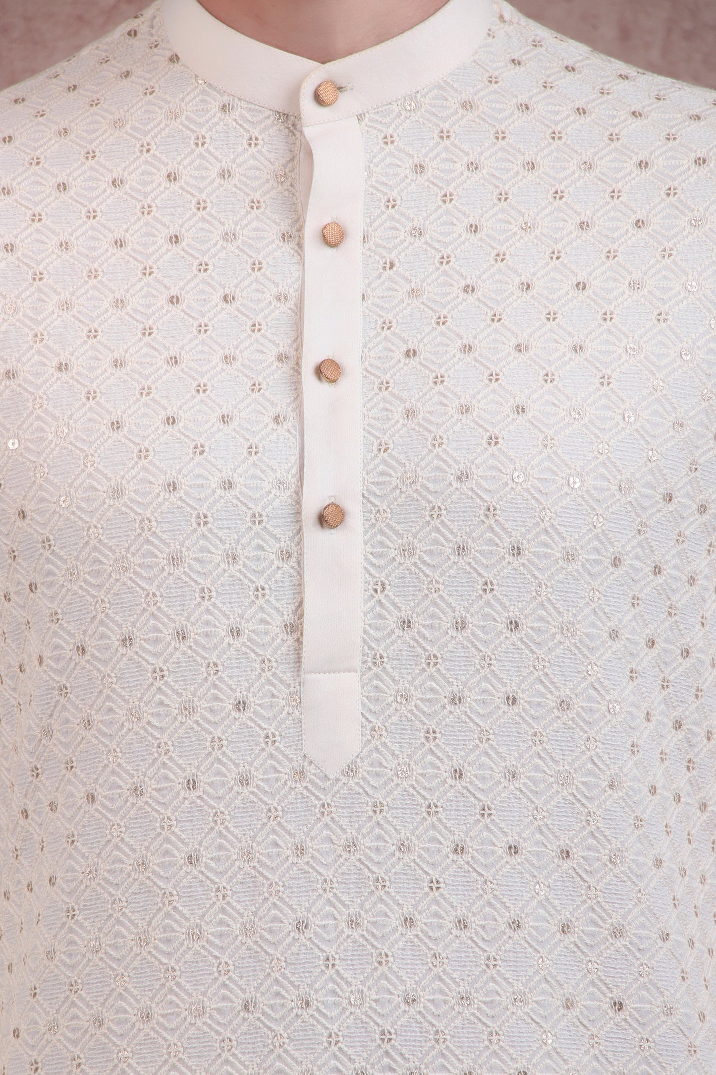 Detail view 4 - Men’s Designer Kurta Set – Georgette in Ivory with Silk Thread Embroidery & Lapel Jacket Cut