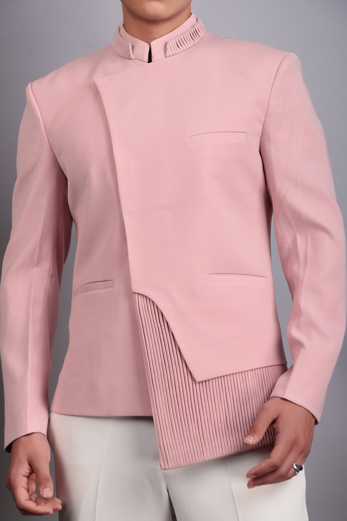 Detail view 1 - Men’s Bandhgala – Japanese Lycra in Pink with Modern Abstract Cut