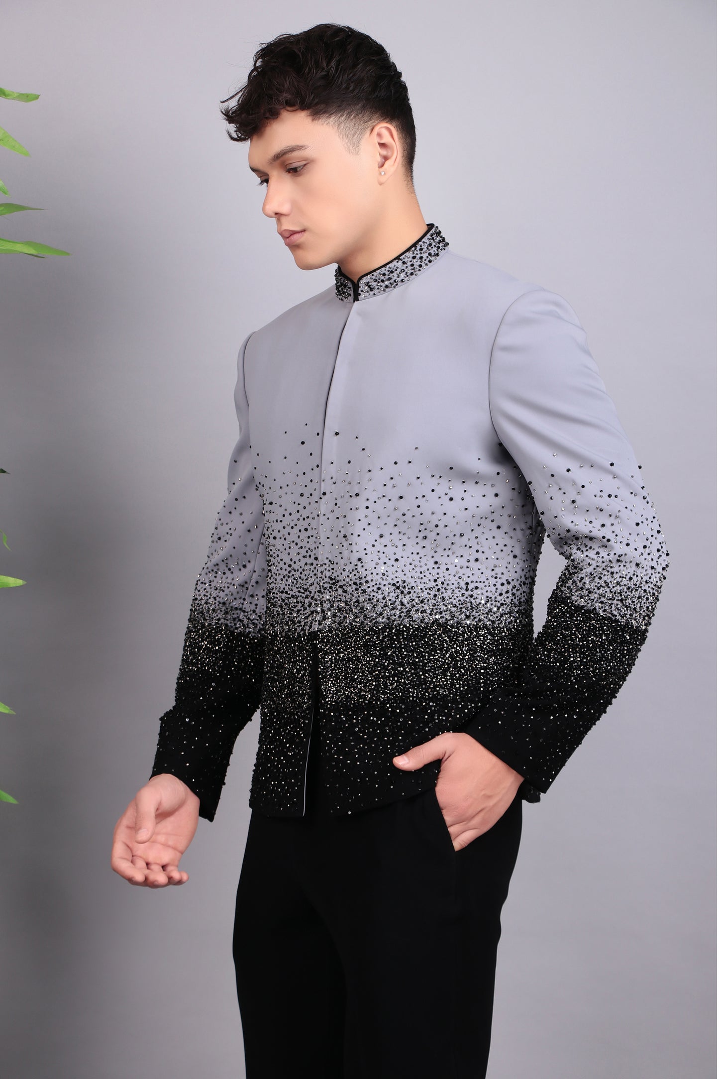 Side view - Men’s Bandhgala – Japanese Lycra in Grey with Ombre Style Embroidery