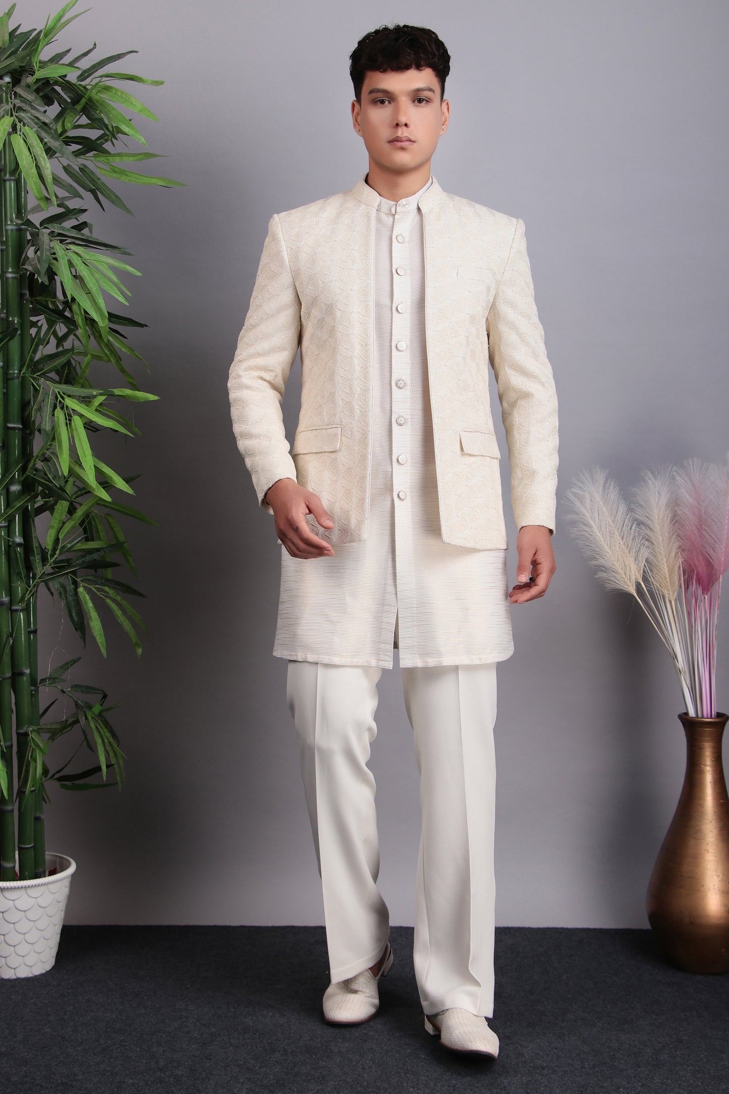 Back view - Men’s Indo-Western – Georgette Kurta in Ivory with Hand Embroidery