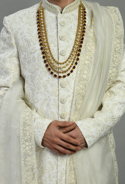 Men’s Sherwani – Silk in Ivory with Detailed Hand Embroidery Allover | One Man Show