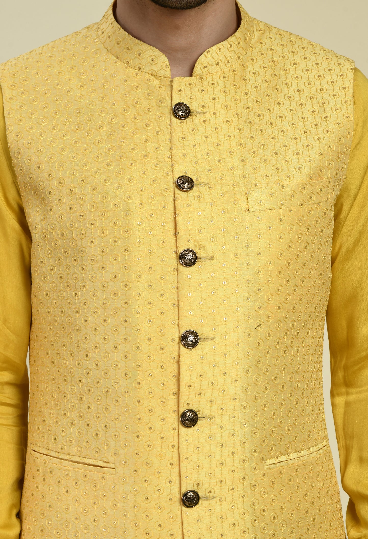 Detail view 2 - Men’s Nehru Jacket – Silk in Yellow with Silk Thread Embroidery