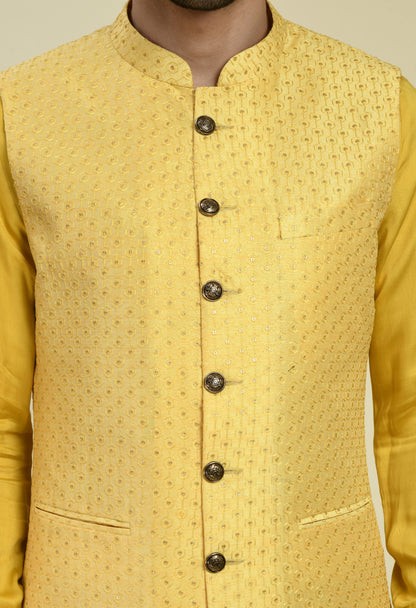 Men’s Nehru Jacket – Silk in Yellow with Silk Thread Embroidery | One Man Show
