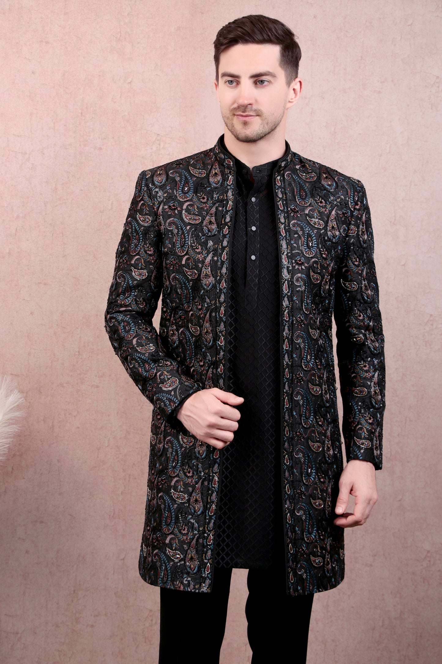 Detail view 2 - Men’s Sherwani – Georgette in Black with Silk Thread Paisley Embroidery