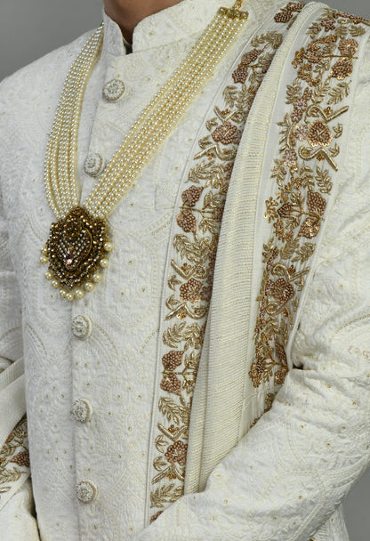 Men’s Sherwani – Silk in Ivory with Detailed Hand Embroidery Allover | One Man Show
