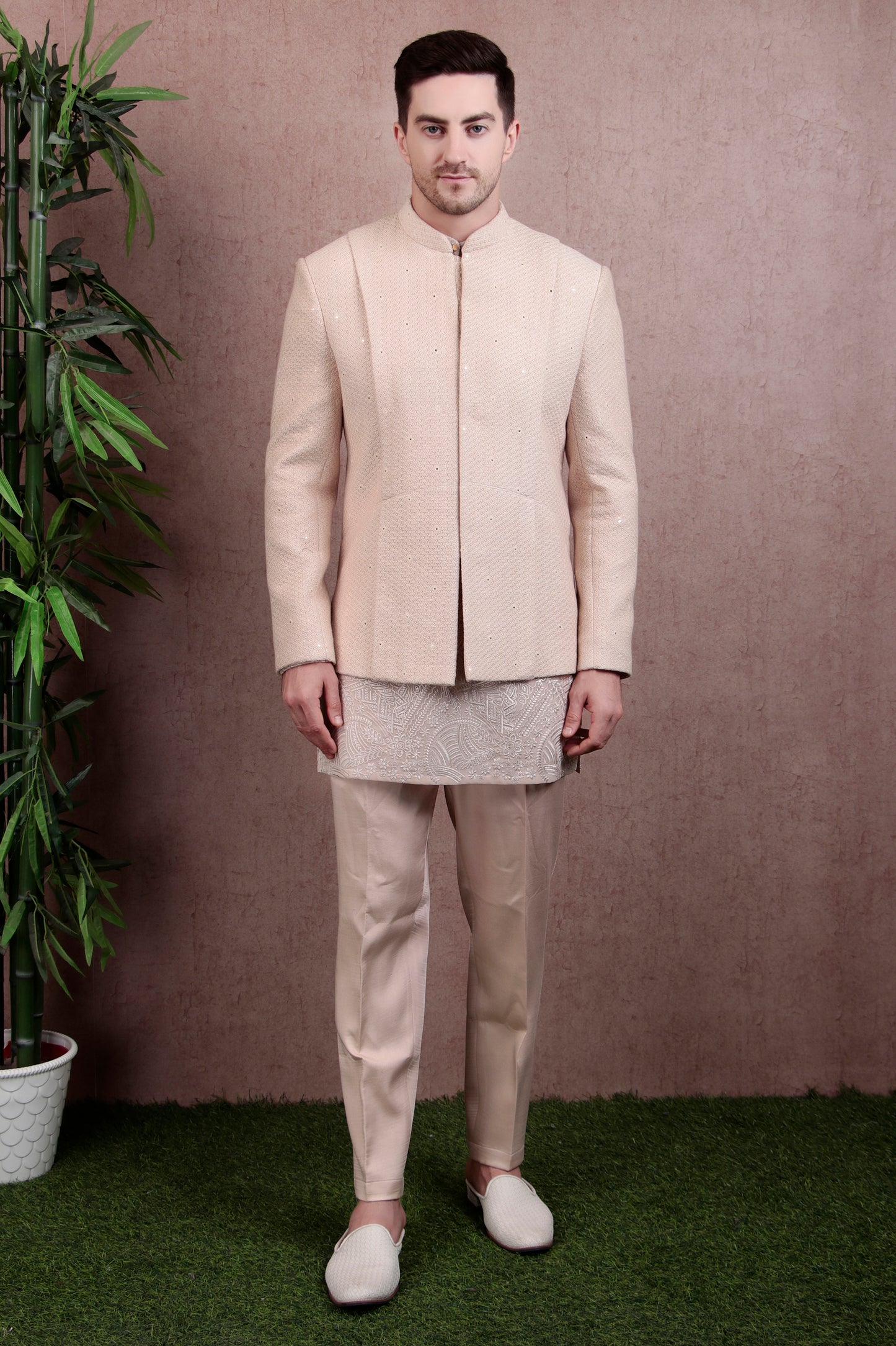 Men’s Kurta Set – Silk in Beige with Silk Thread Embroidered Jacket over Georgette Kurta | One Man Show
