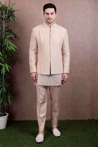 Men’s Kurta Set – Silk in Beige with Silk Thread Embroidered Jacket over Georgette Kurta | One Man Show