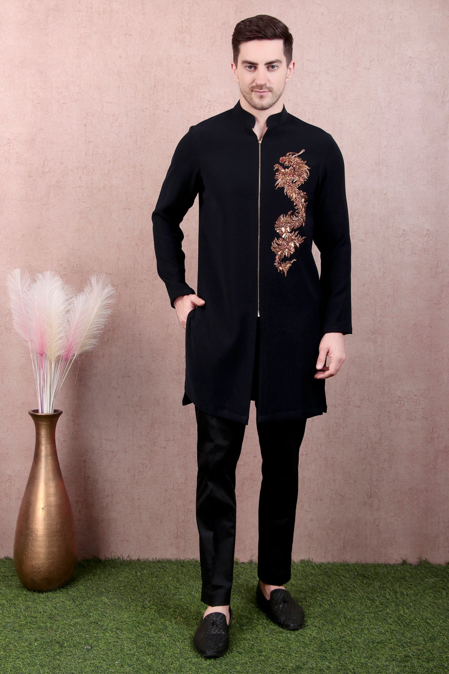 Back view - Men’s Kurta Set – Japanese Lycra Zip Front in Black with Zari Motif
