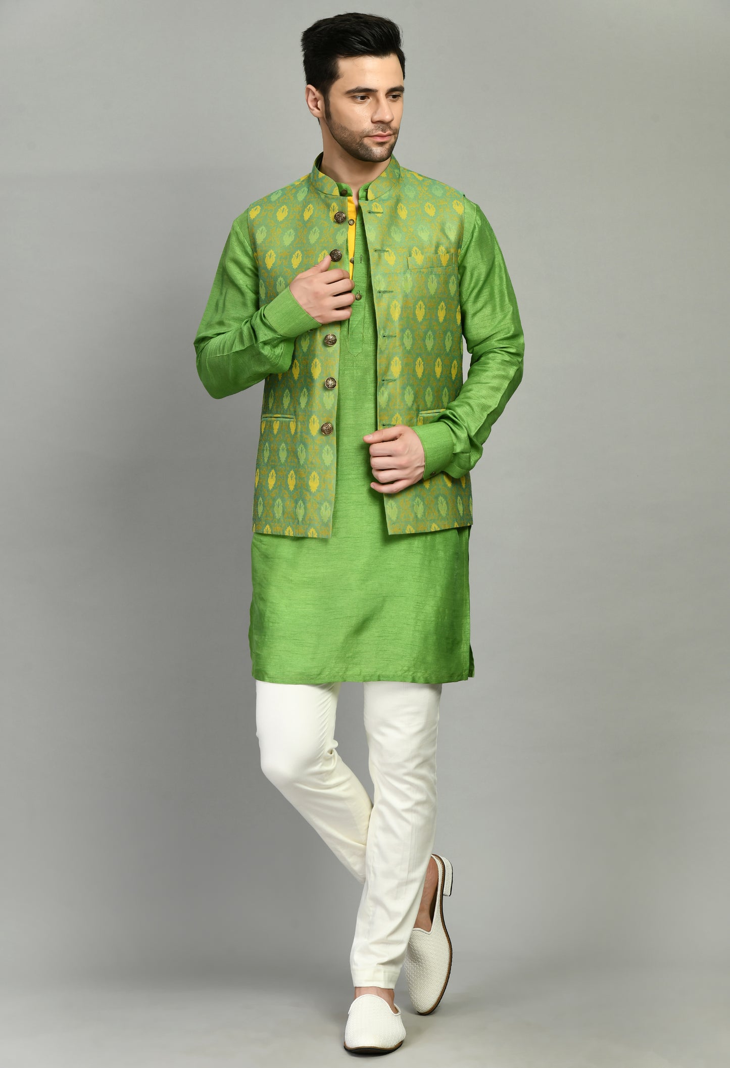 Side view - Men’s Nehru Jacket – Silk Jaquard in Green with Front Open Design