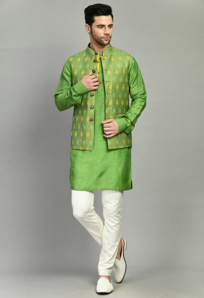 Men’s Nehru Jacket – Silk Jaquard in Green with Front Open Design | One Man Show