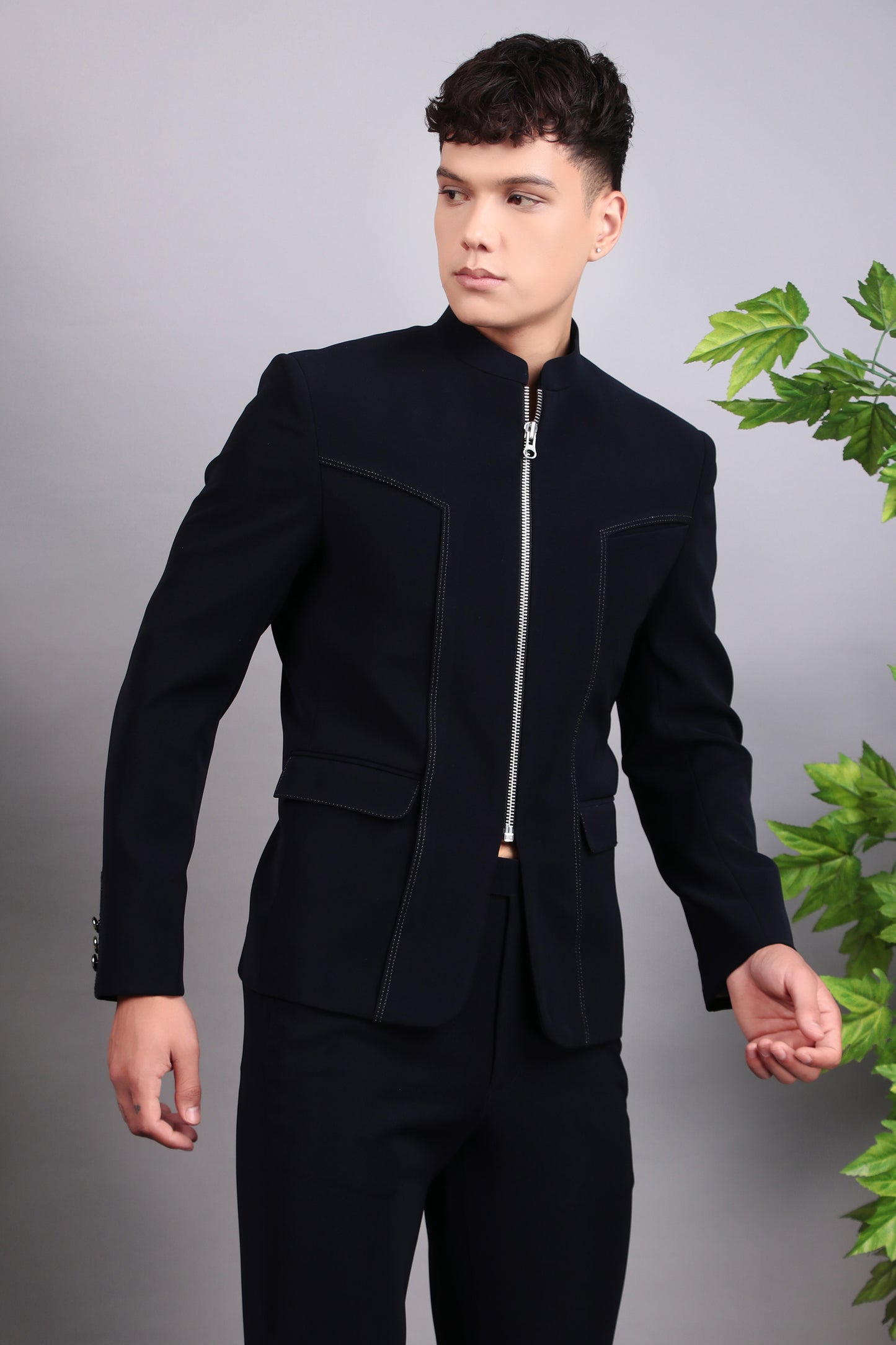 Detail view 3 - Men’s Bandhgala – Cotton Velvet in Midnight Blue with Hand Embroidery