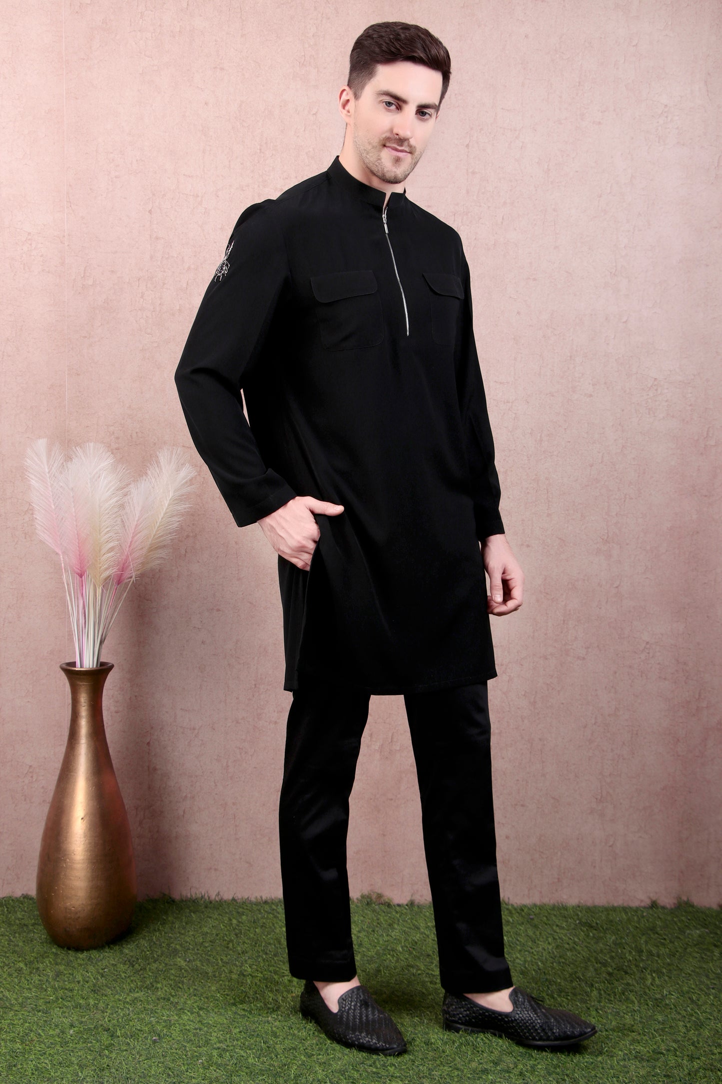 Detail view 3 - Men’s Kurta Set – Korean Wrinkle-Free in Black with Bug-Motif Embroidery & Half-Zip