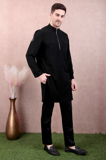 Men’s Kurta Set – Korean Wrinkle-Free in Black with Bug-Motif Embroidery & Half-Zip | One Man Show