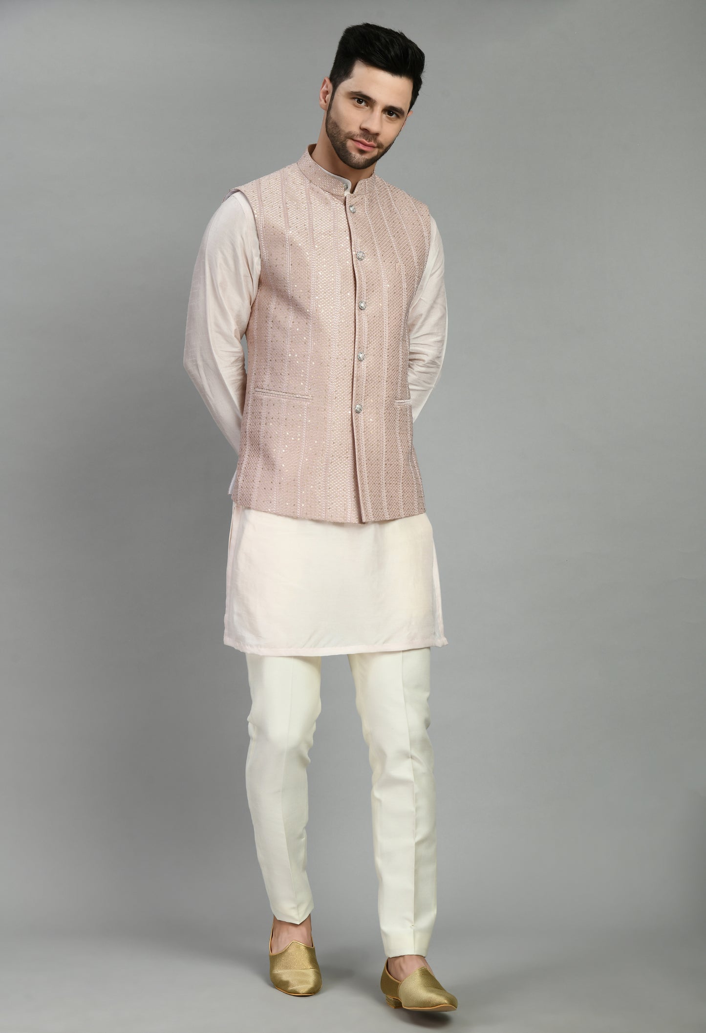 Front view - Men’s Nehru Jacket – Silk Georgette in Pink with Thread and Sequins Embroidery