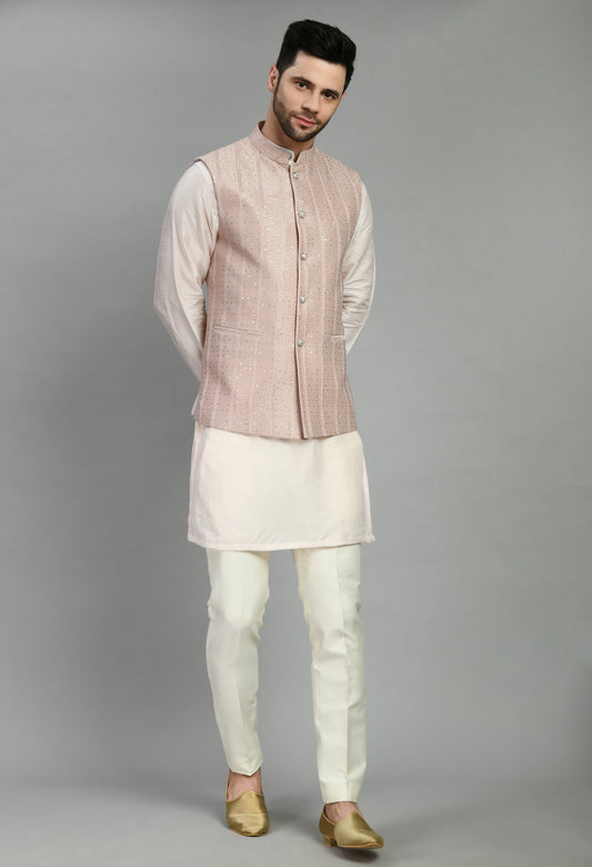 Front view - Men’s Nehru Jacket – Silk Georgette in Pink with Thread and Sequins Embroidery