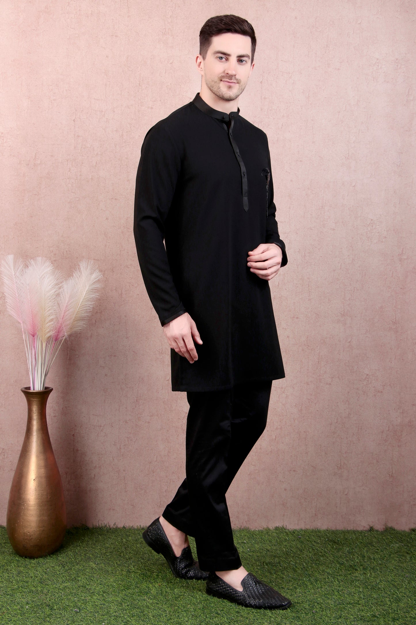 Detail view 2 - Men’s Kurta Set – Japanese Lycra in Black with Eagle Motif Hand Embroidery