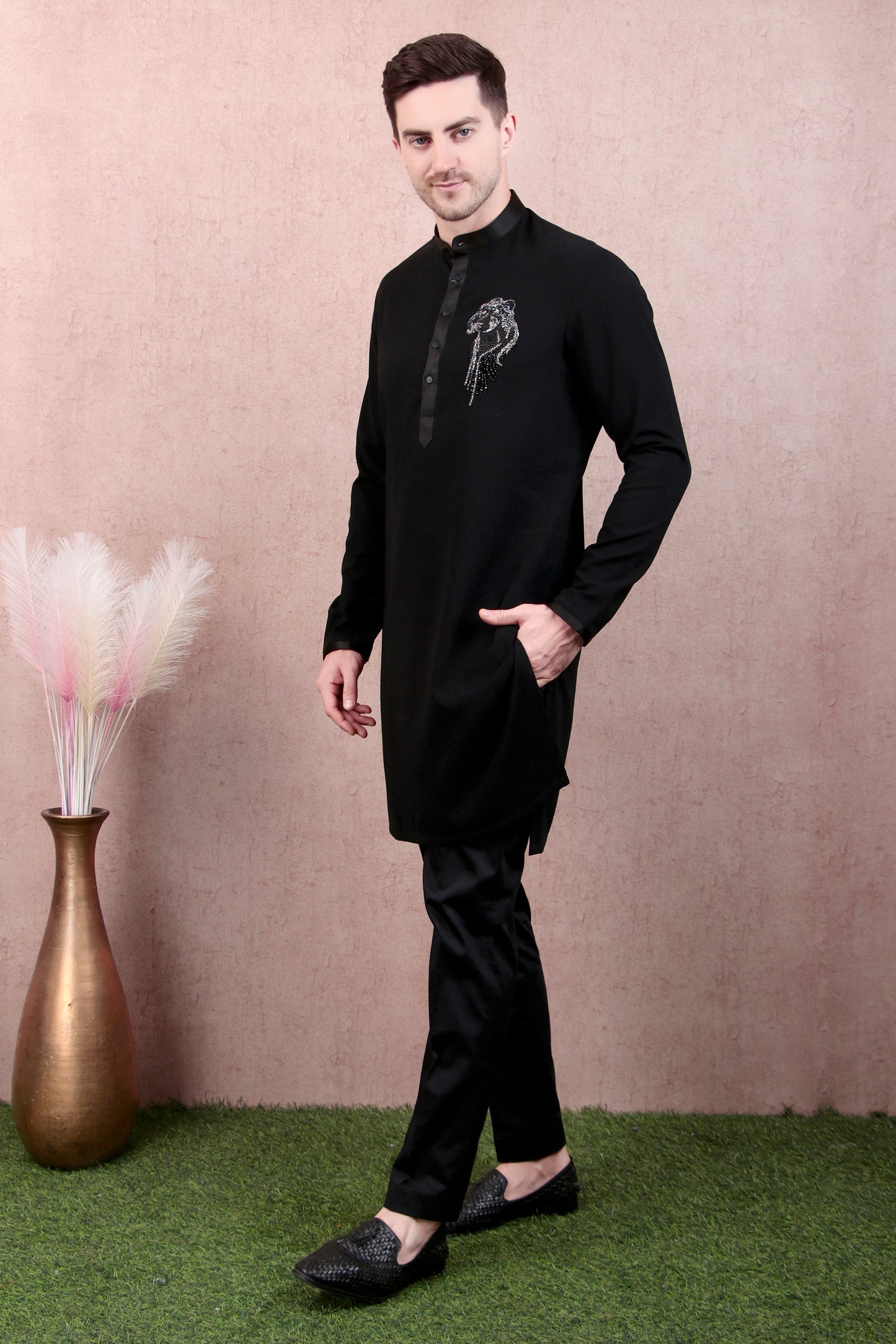 Side view - Men’s Kurta Set – Japanese Lycra in Black with Panther Motif Hand Embroidery