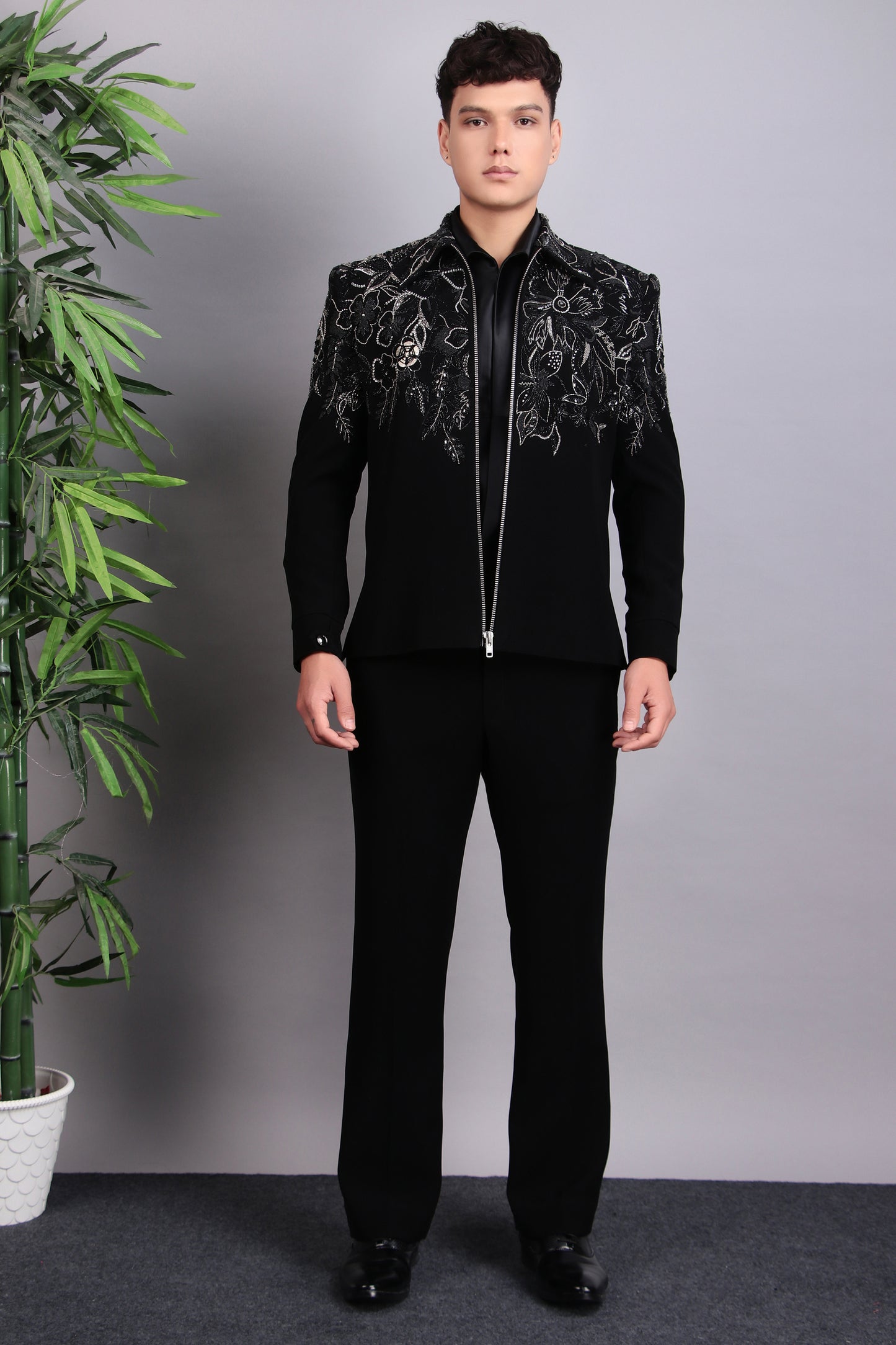 Back view - Men’s Tuxedo – Japanese Lycra in Black with Hand Embroidery