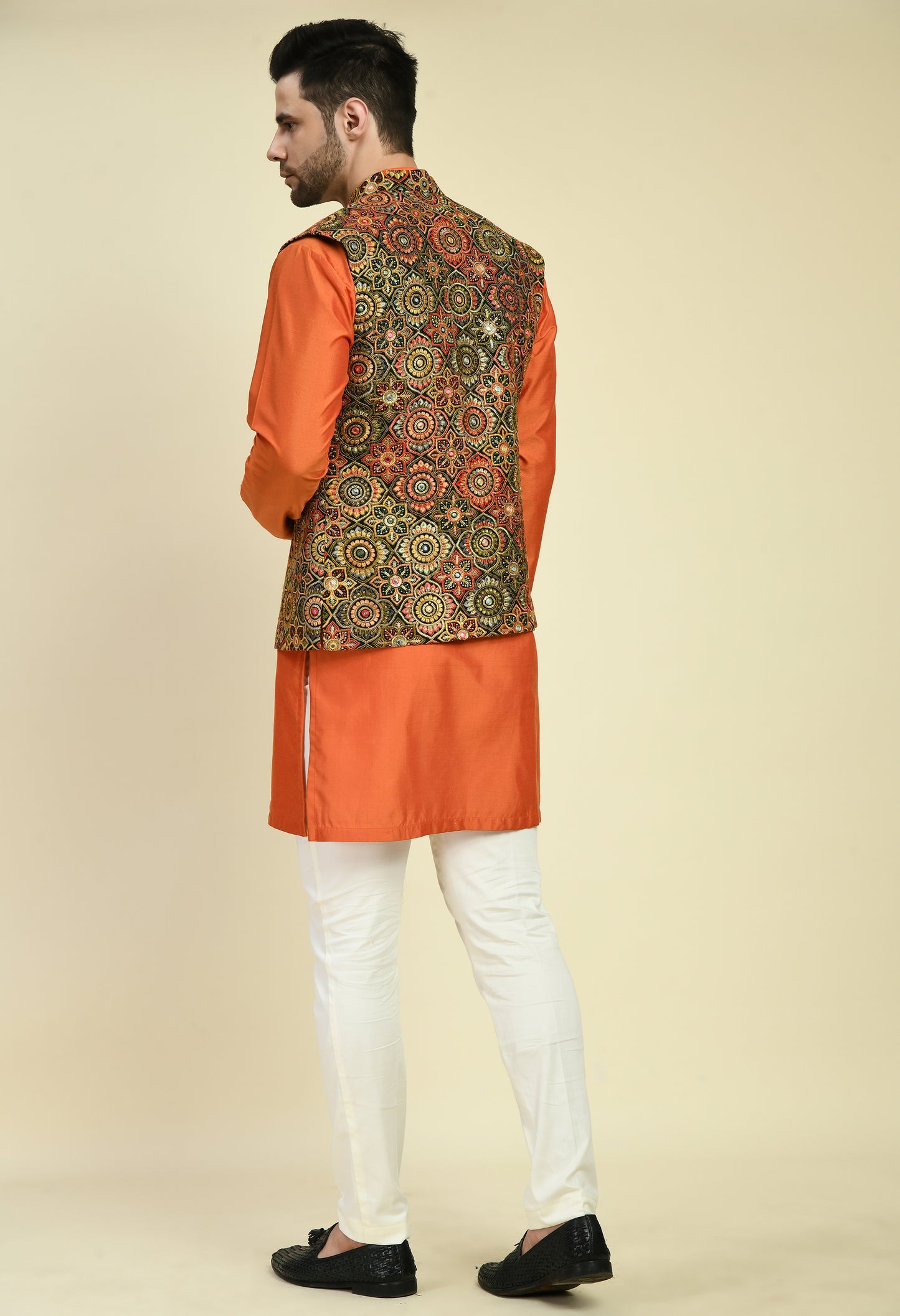 Detail view 1 - Men’s Nehru Jacket – Silk Georgette in Orange with Silk Thread Embroidery