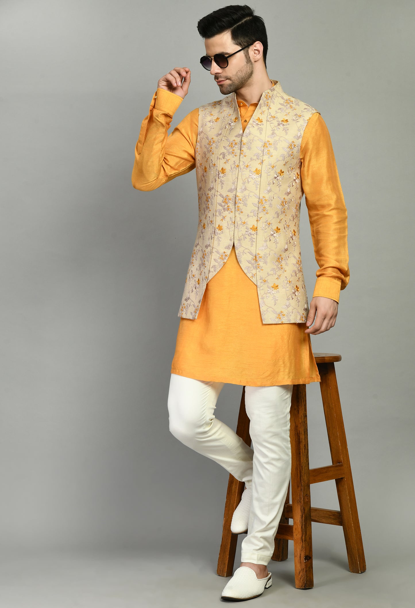 Men’s Nehru Jacket – Silk Moga in Yellow with Silk Thread Floral Embroidery | One Man Show