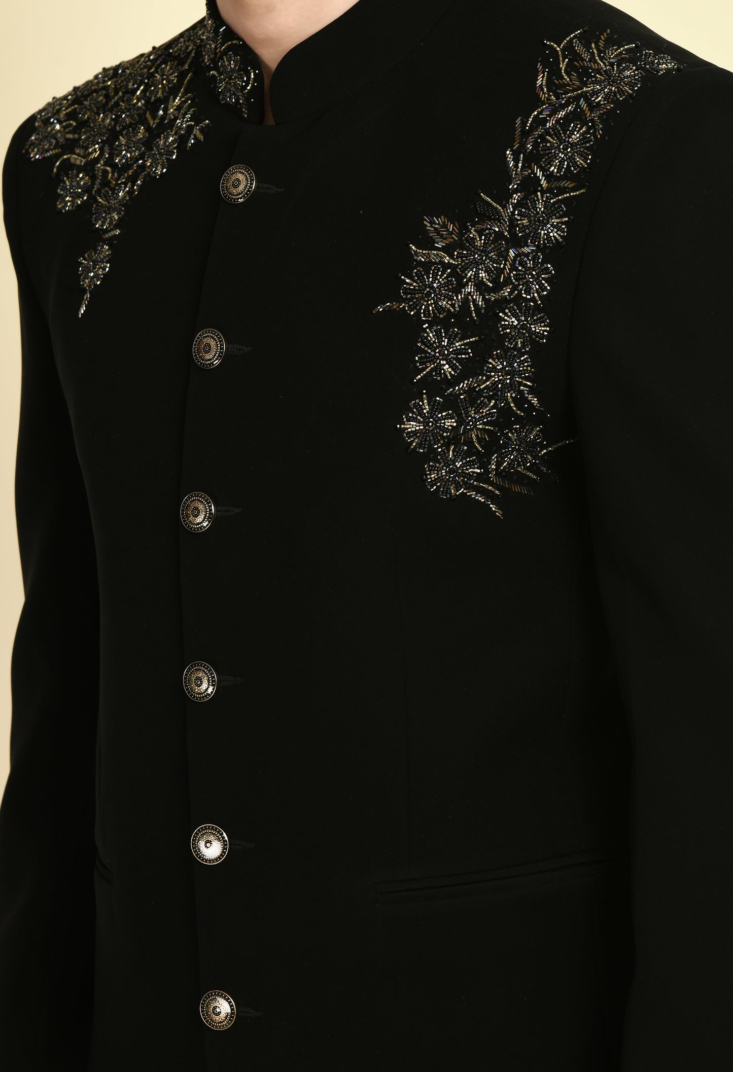 Detail view 2 - Men’s Bandhgala – Japanese Lycra in Black with Shoulder Placement Embroidery