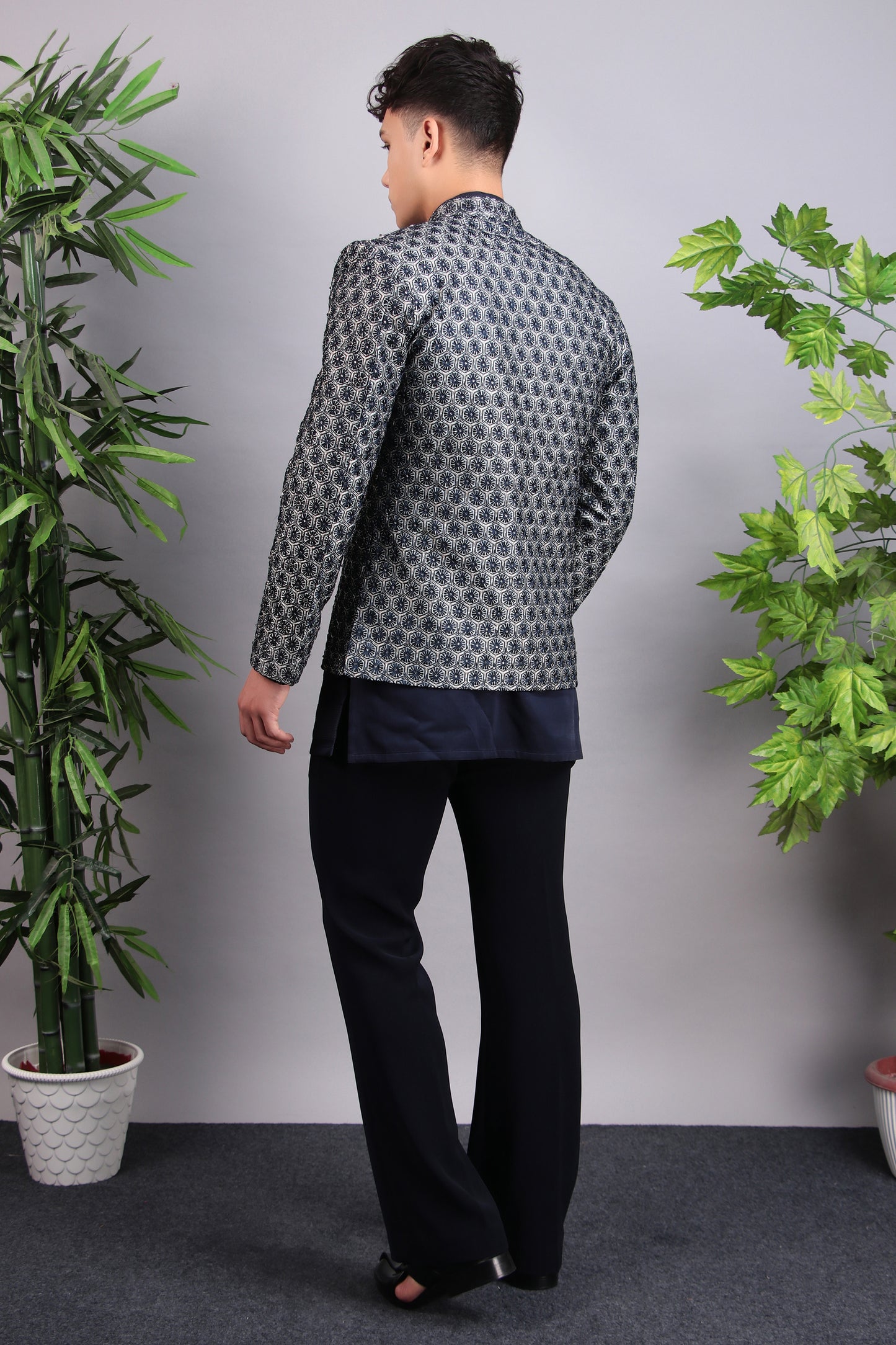 Detail view 2 - Men’s Indo-Western – Silk Embroidered Fabric in Blue with Floral Hand Embroidery