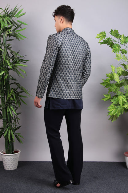 Men’s Indo-Western – Silk Embroidered Fabric in Blue with Floral Hand Embroidery | One Man Show