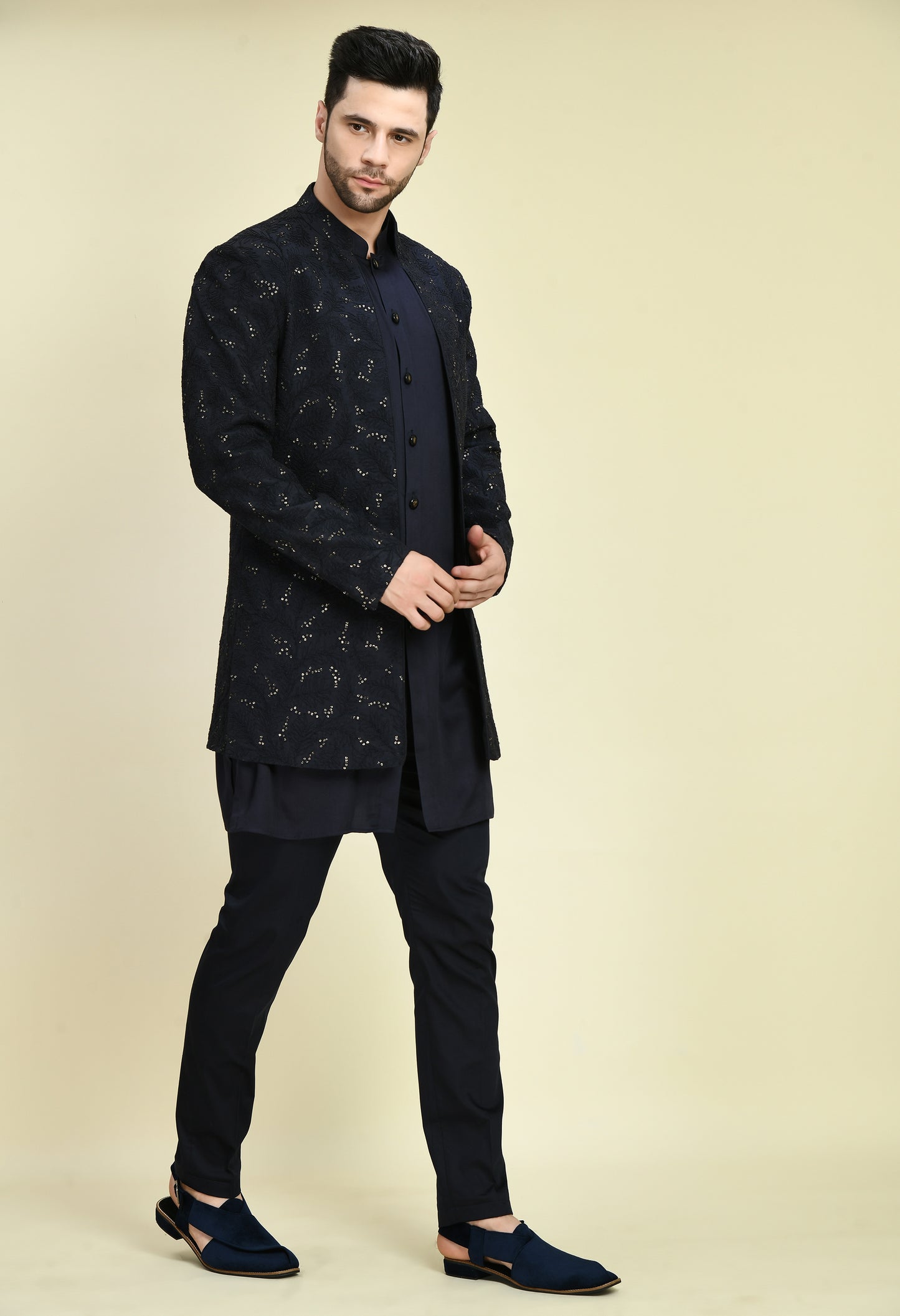 Back view - Men’s Indo-Western – Silk Kurta in Navy Blue with Dori and Sequins Embroidery