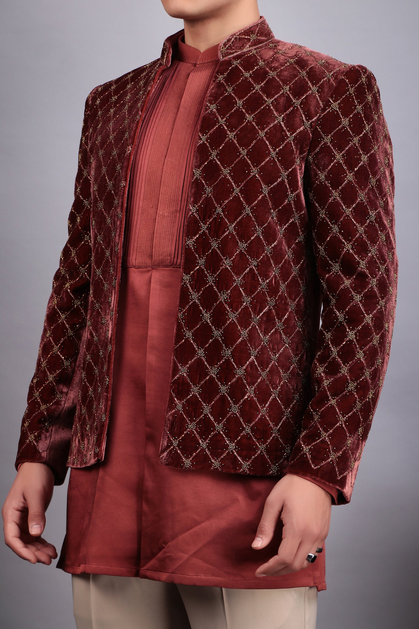 Men’s Indo-Western – Velvet Embroidered Fabric in Peach with Geometric Hand Embroidery | One Man Show