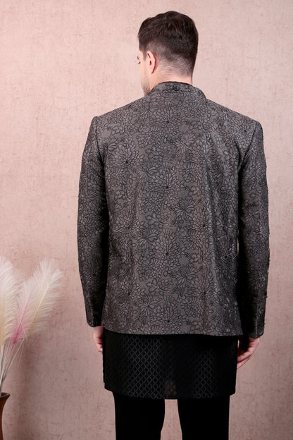 Men’s Kurta Set – Silk in Grey with Floral Thread & Bead Embroidery Jacket over Georgette Kurta | One Man Show