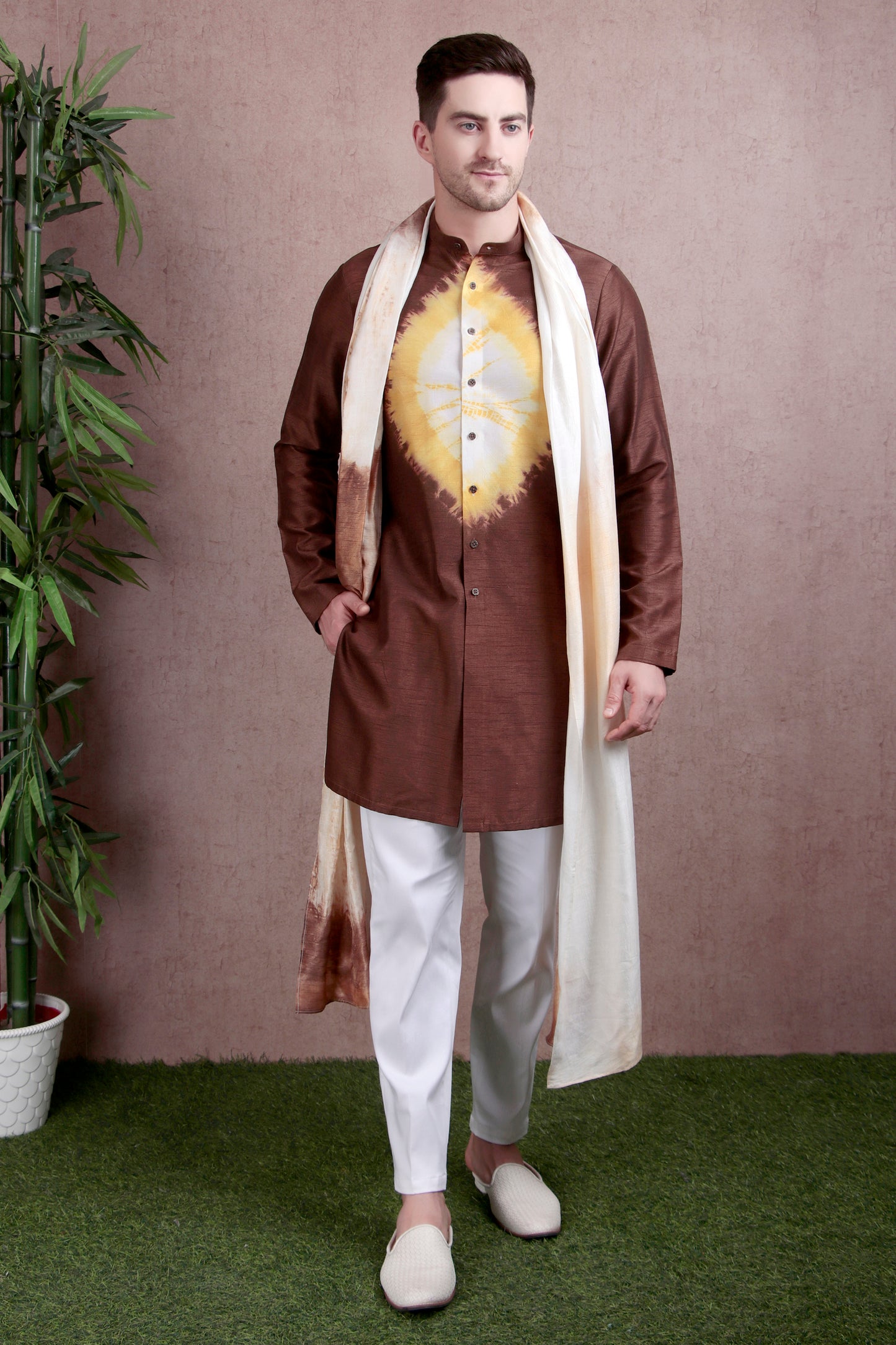 Front view - Men’s Kurta Set – Raw Silk in Brown with Yellow Tie-Dye Center Motif