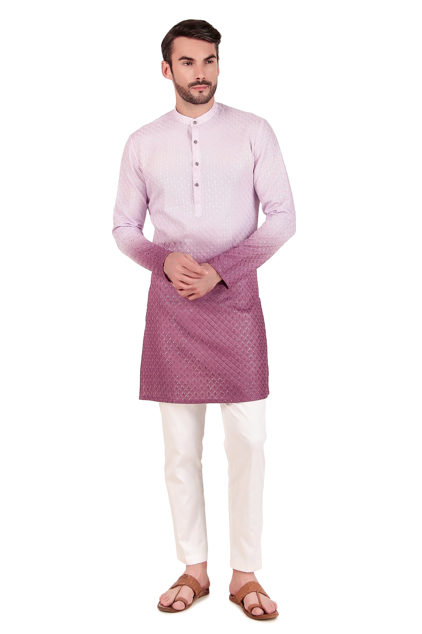 Front view - Men’s Kurta Set – Silk Georgette Embroidery in Pink with Ombre Dye