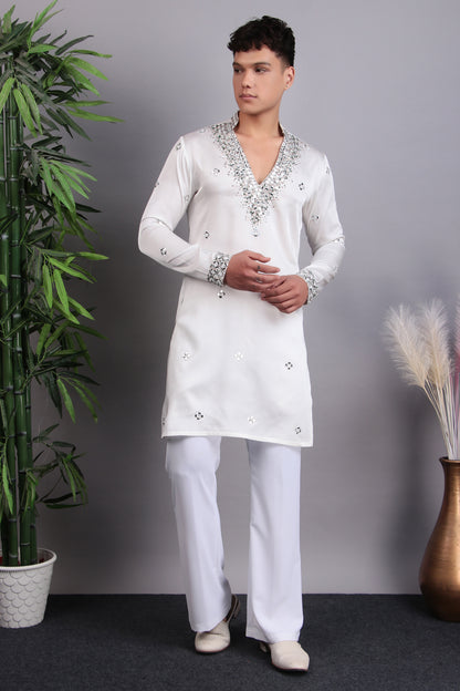 Men’s Kurta Set – Modal Satin in White with Brads, Stone and Mirror Embroidery | One Man Show