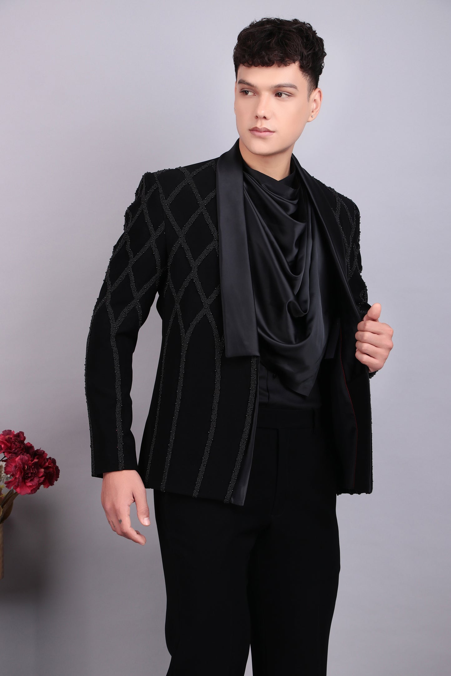 Back view - Men’s Tuxedo – Japanese Lycra in Black with Beads Embroidery