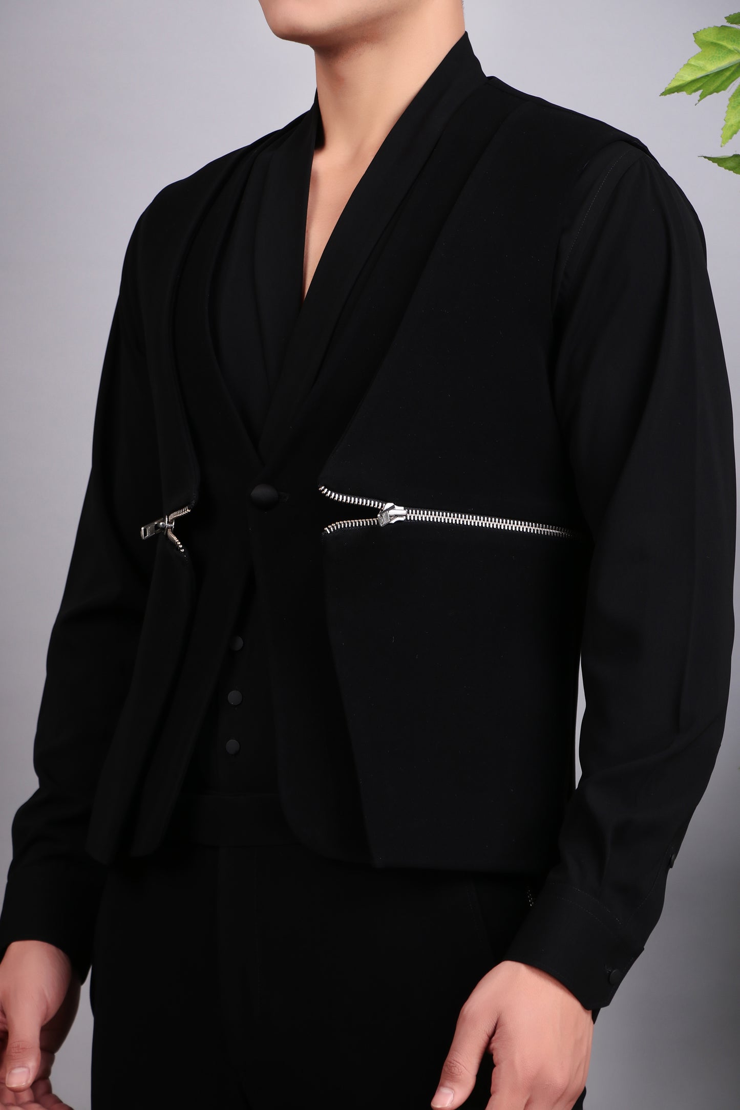 Detail view 1 - Men’s Tuxedo – Japanese Lycra in Black with Modern Front Zipper Jacket