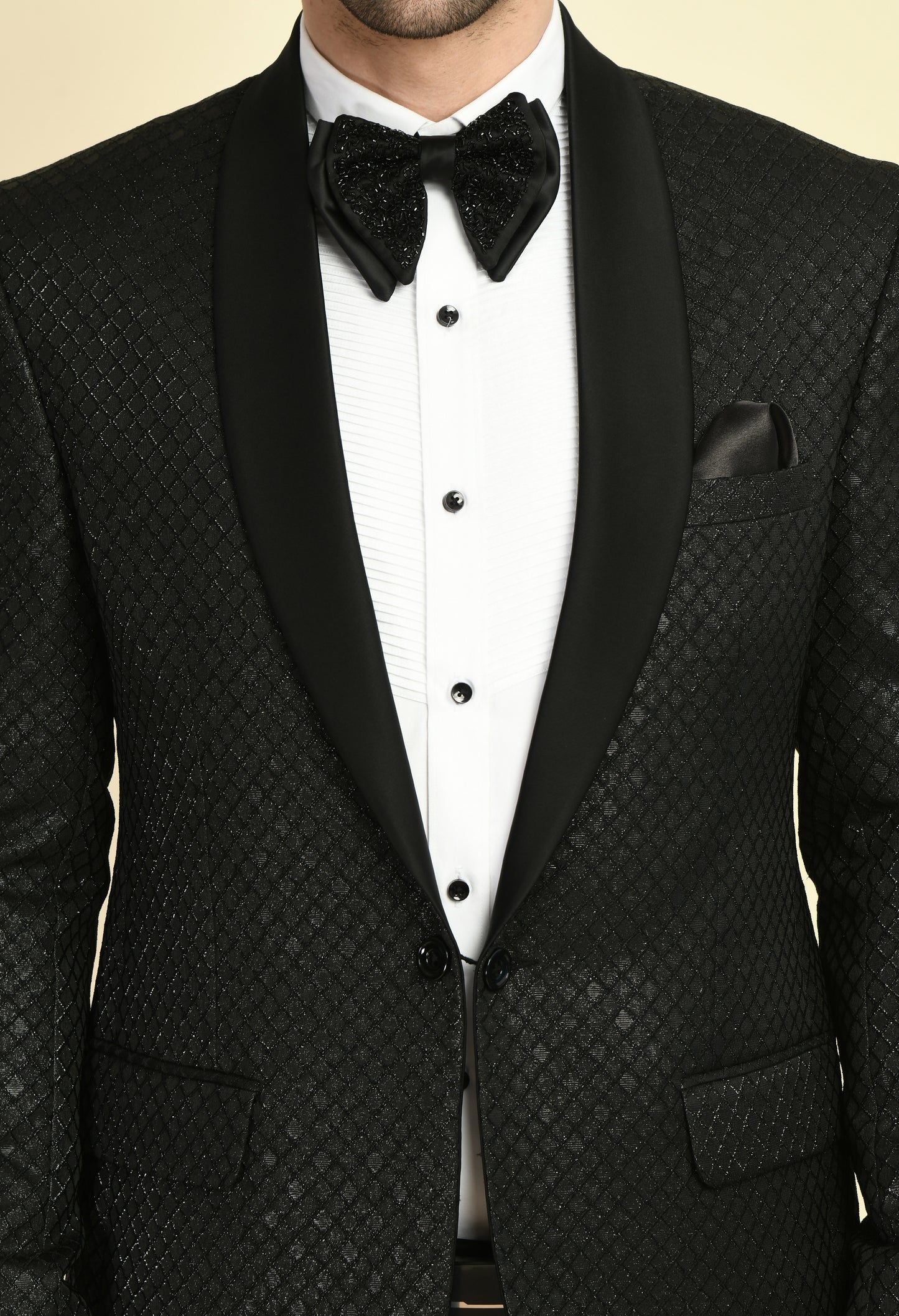 Detail view 3 - Men’s Tuxedo – Japanese Lycra in Black with Geometric Jaquard Fabric
